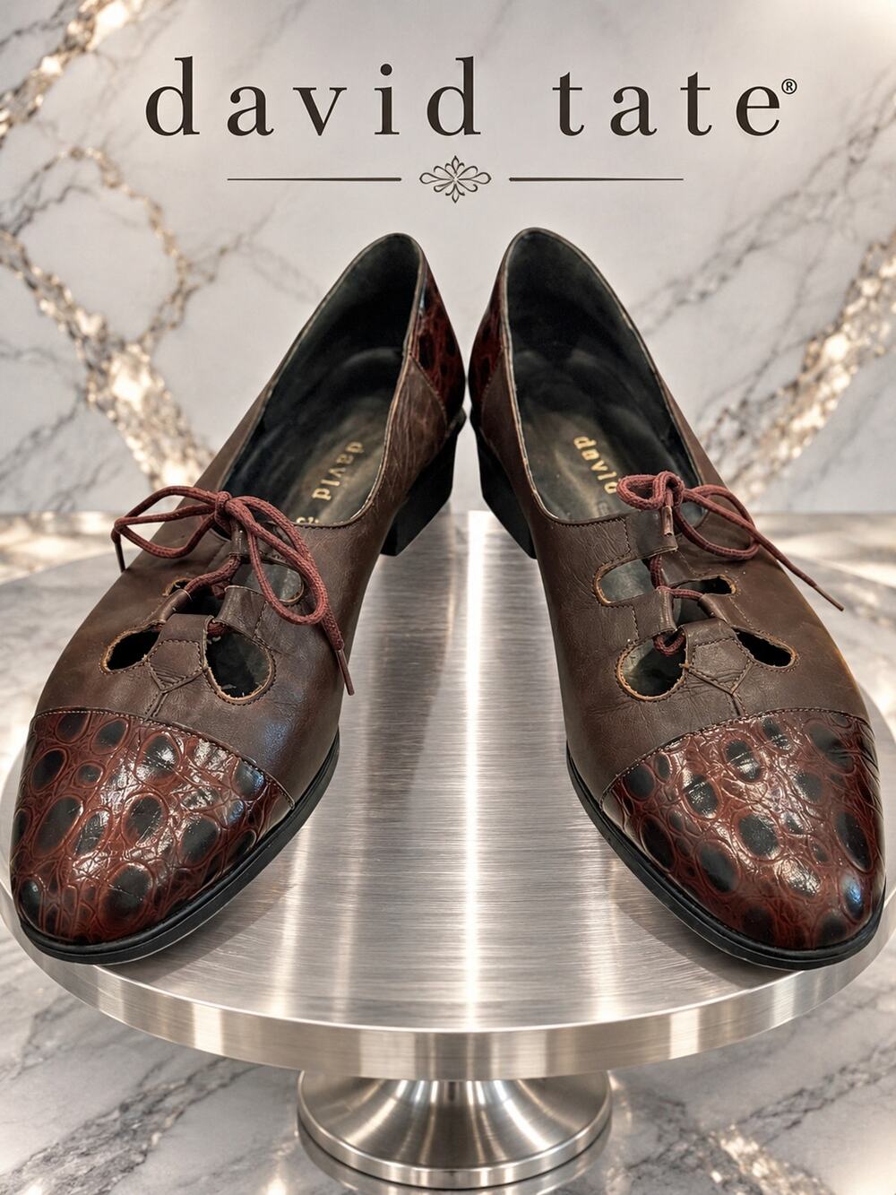 David Tate Brown Leather Croc Ghillie Lace-Up Pumps Size 9W